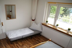 Habitació petita amb un llit individual, sòl de fusta, finestra amb vista a vegetació i mirall a la paret.