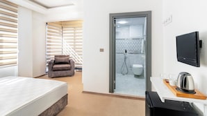 A hotel room with a bed, a sofa, a TV, a desk with a kettle, and a shower area. - Marine Point Pansiyon (Antalya)