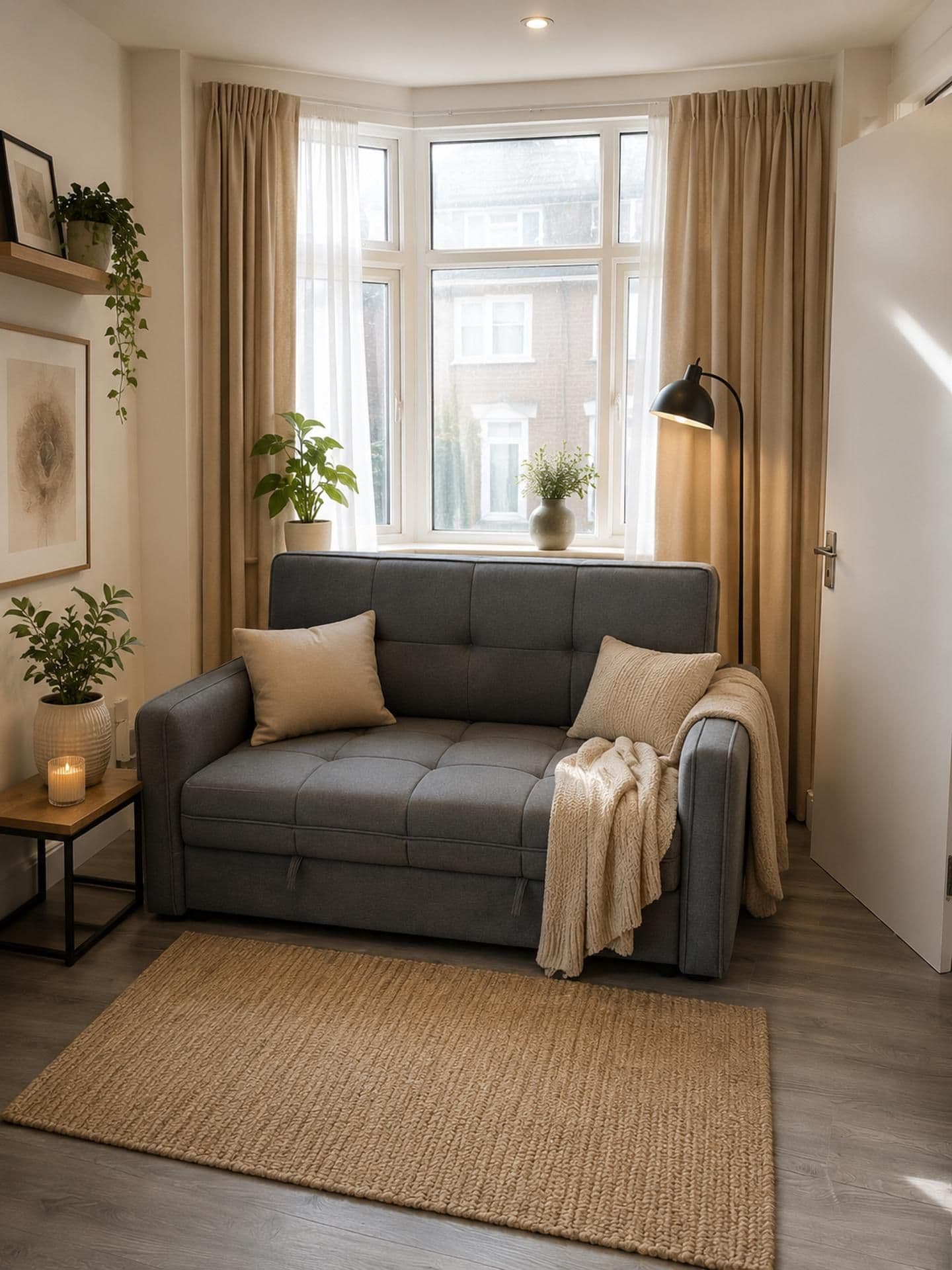 A modern living room with a grey sofa, a floor lamp, and a large window with curtains.