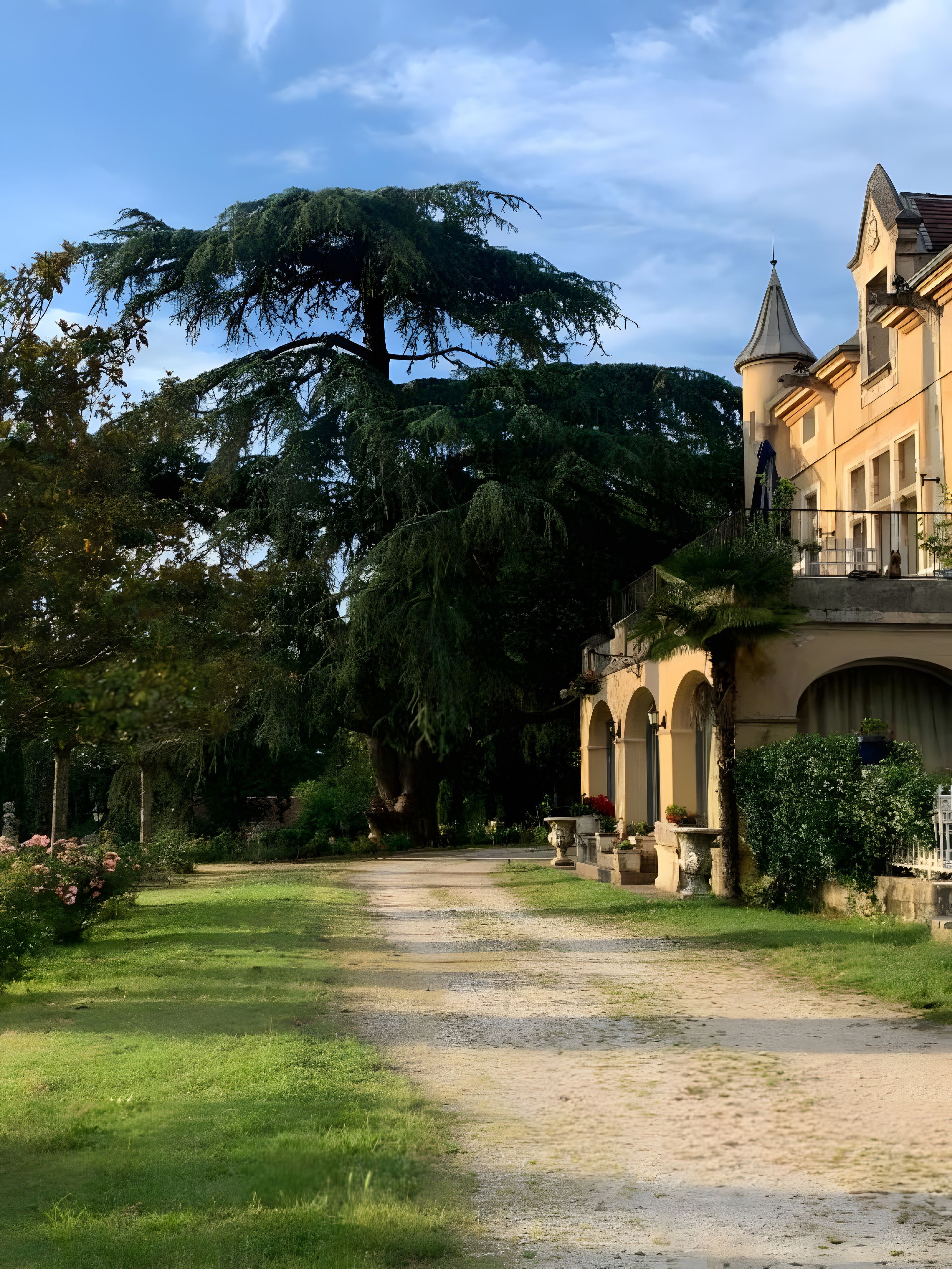 Un chemin menant à un bâtiment, avec un grand arbre et une tour.
