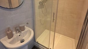Un baño moderno con ducha envuelta en vidrio, un lavabo con espejo y un felpudo de madera en la entrada.