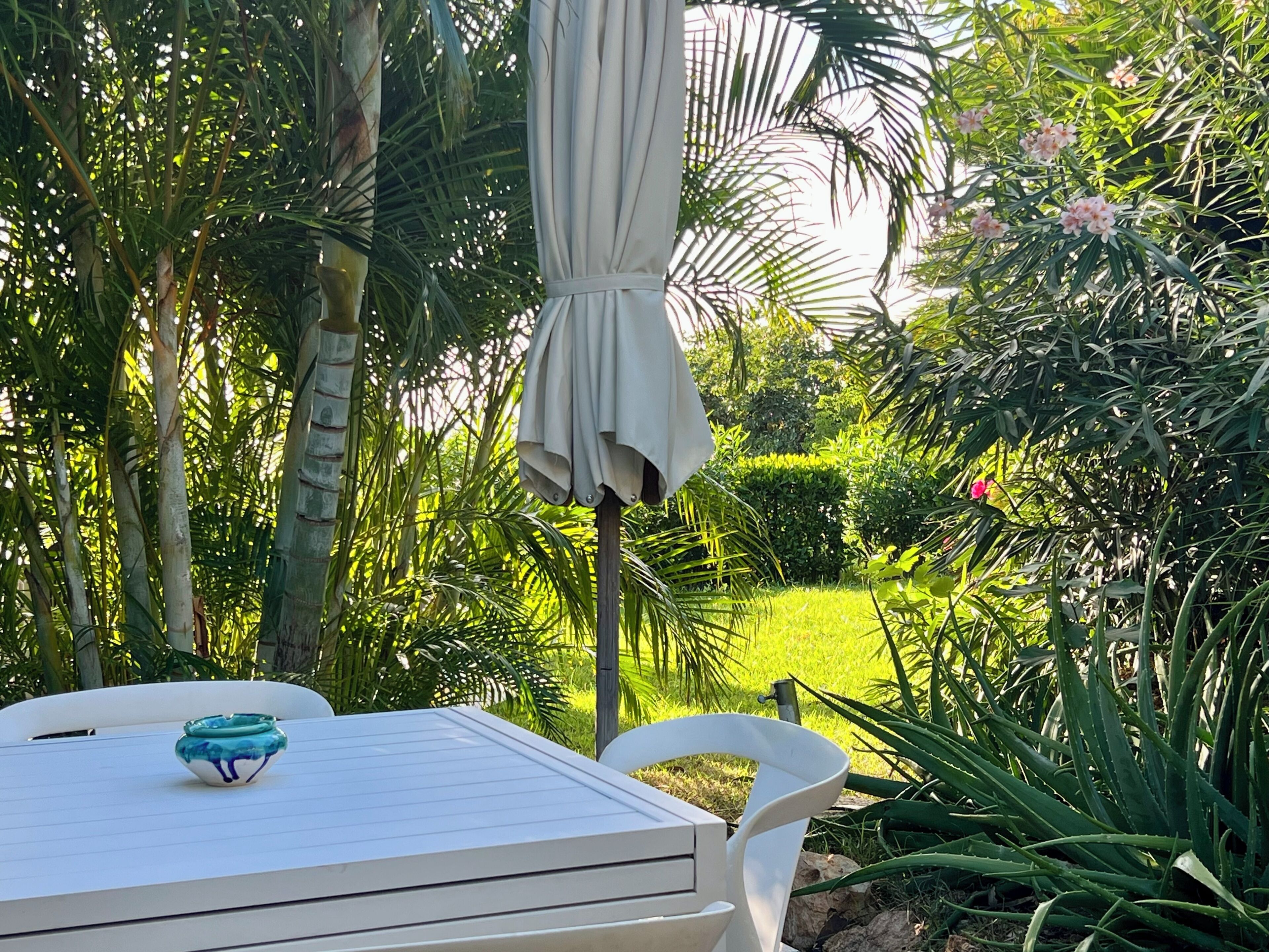 A garden with a white table and chairs, a white umbrella, and various plants.
