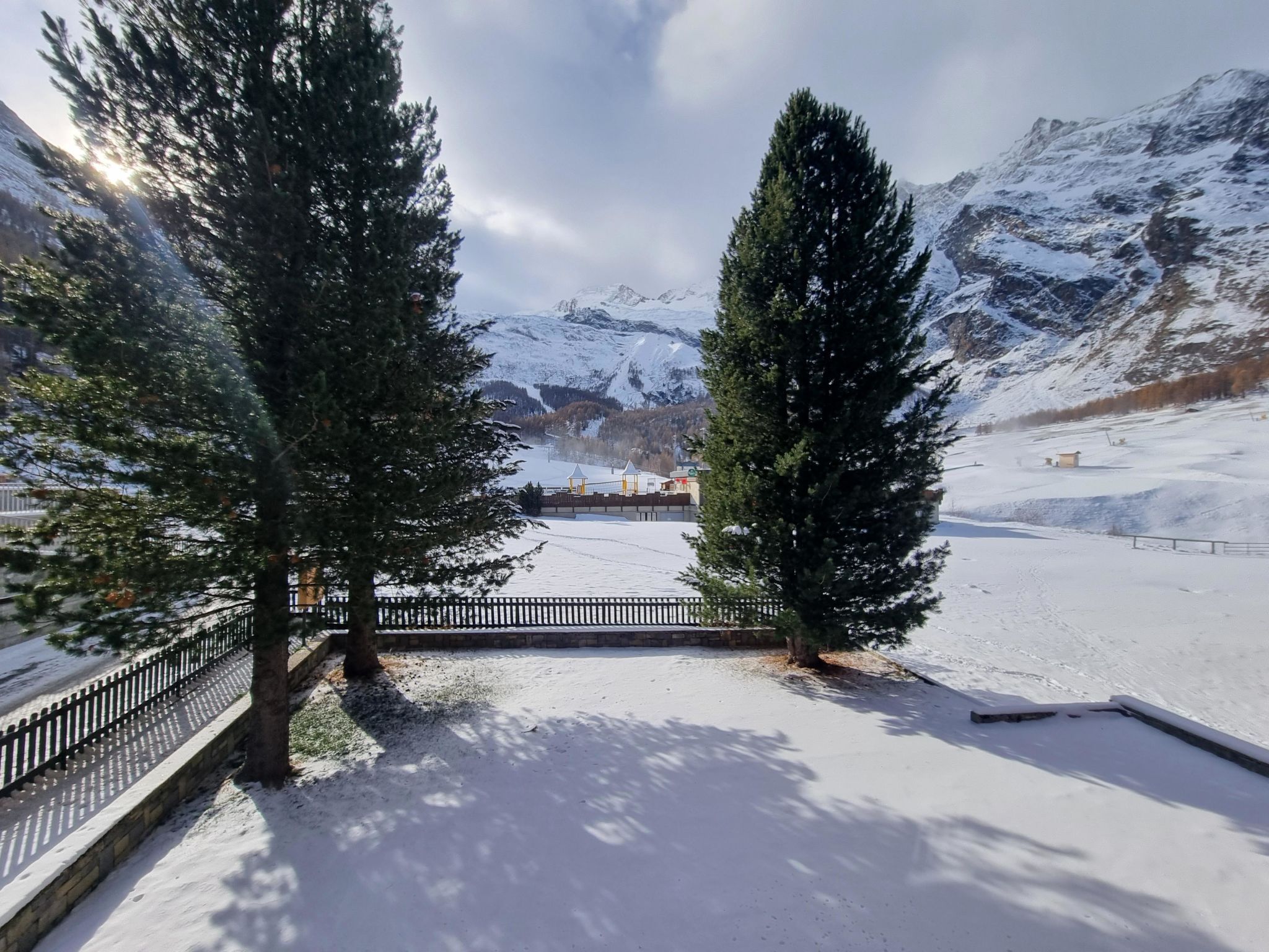 A snow-covered landscape with two prominent evergreen trees, a paved pathway, and a distant view of a building with a snow-covered roof.