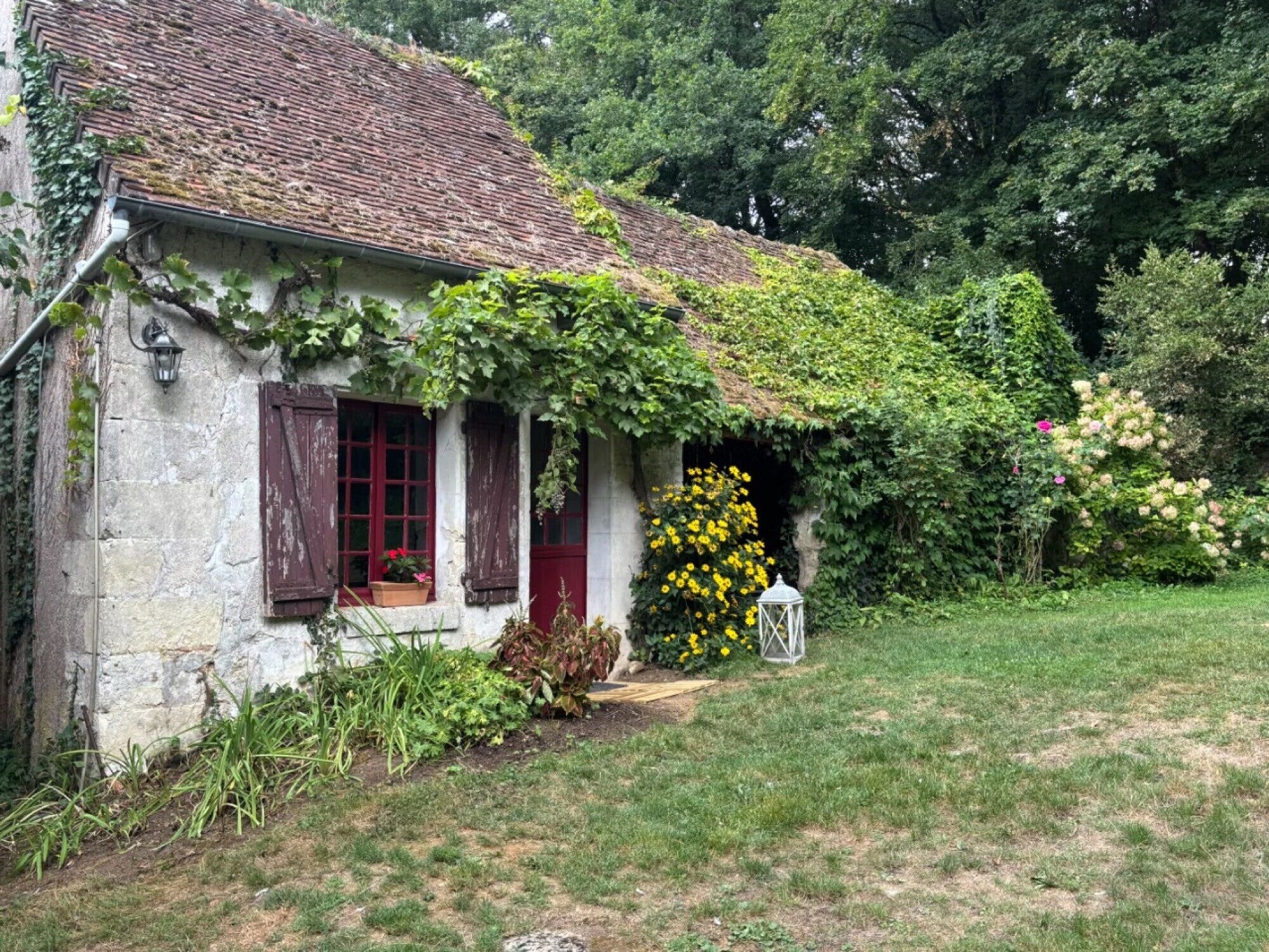 A rustic house with a thatched roof, a small porch, and a garden with flowers and plants.