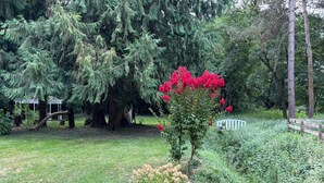 Un jardín con diversos árboles, una cerca blanca y una pequeña construcción.