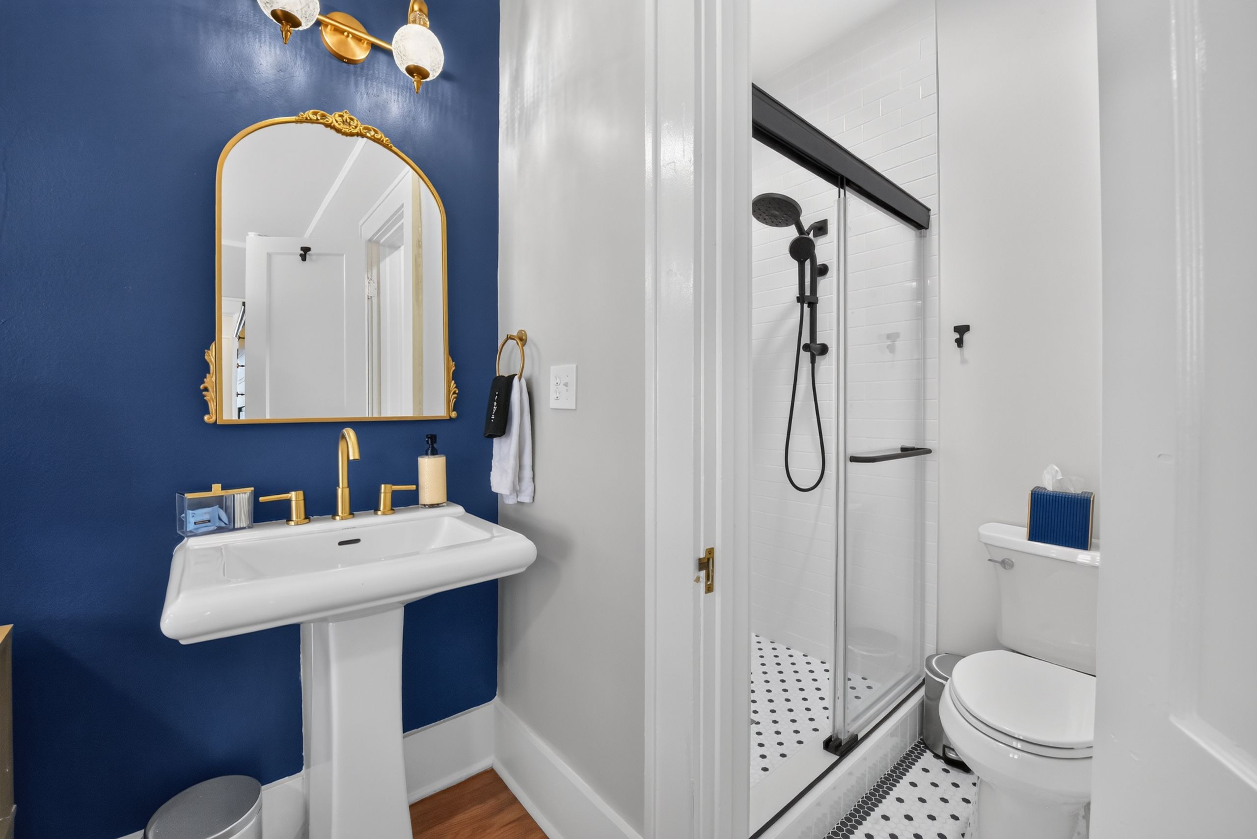 Un baño con un lavamanos blanco, un espejo con marco dorado, una ducha con manguera negra y un inodoro con radiador azul.