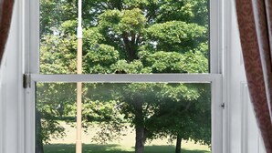 A window with a view of a parking lot and trees. - Guestready - Links View (Edinburgh)