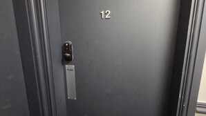 A dark-colored elevator door with the number 12, a push button, and a metal plate with the word 'PUSH'. - The Hangman (Bootle)