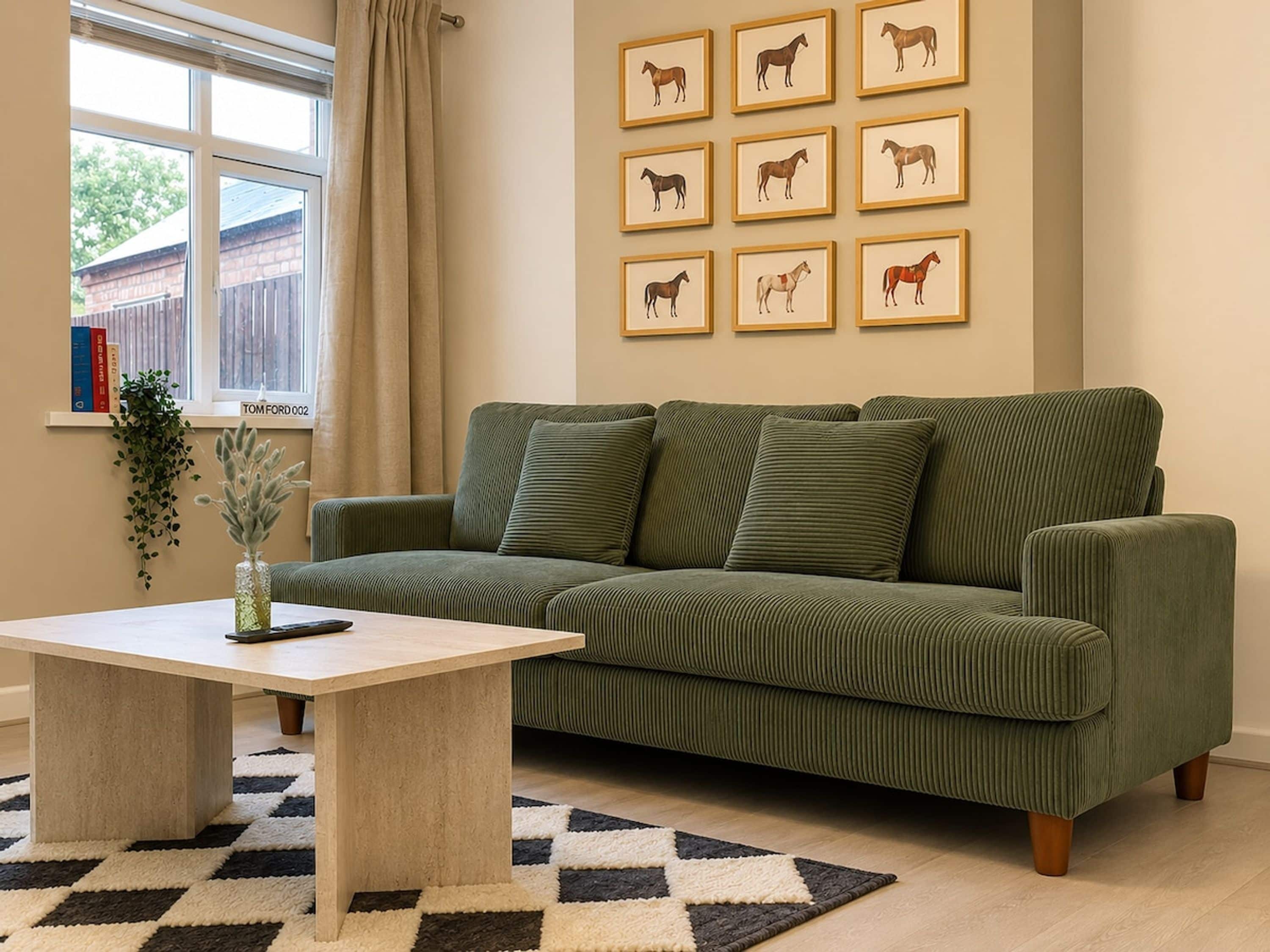 A living room with a green sofa, a coffee table, a patterned rug, and framed horse pictures on the wall.