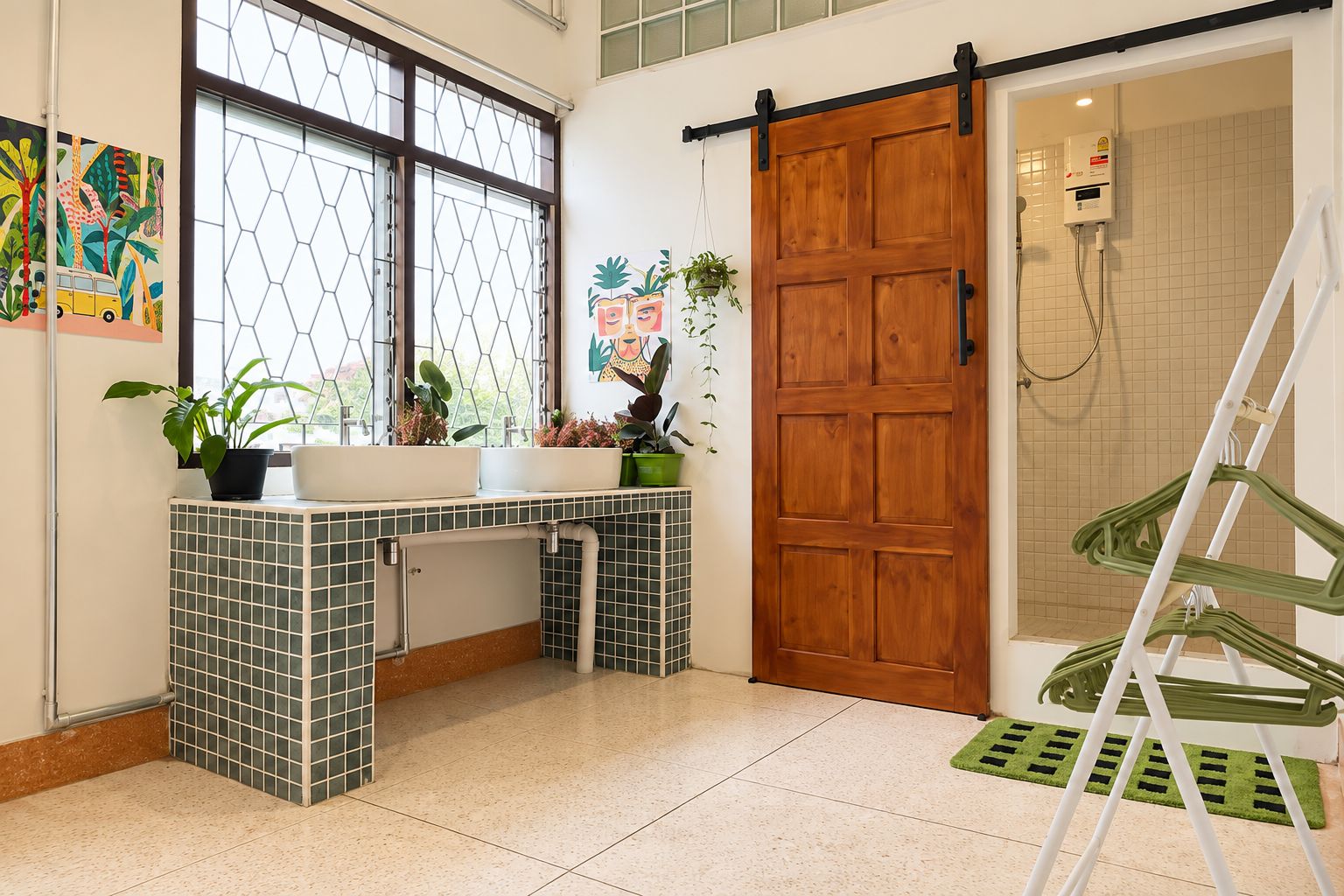 A bathroom with a shower, a toilet, a sink, and a window with a view.