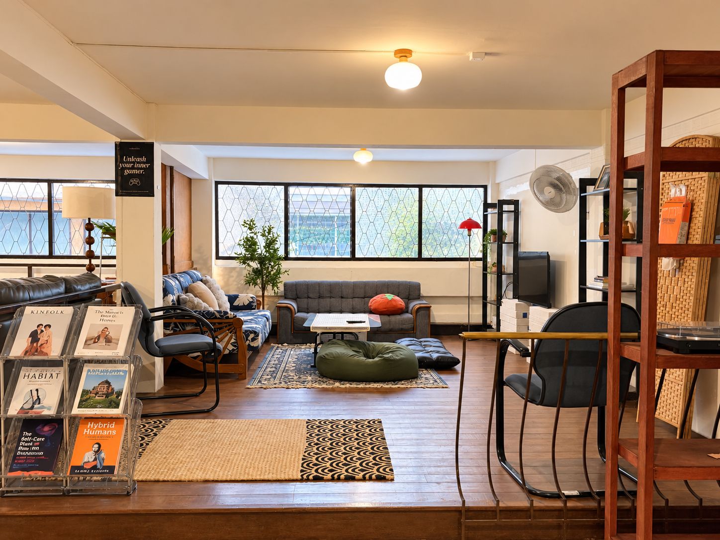 A modern living room with a sofa, armchairs, a coffee table, and a bookshelf.