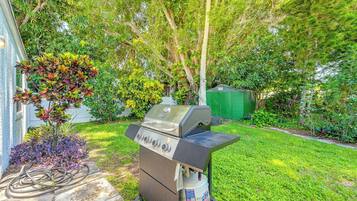 A backyard with a barbecue grill, a green shed, and various plants.