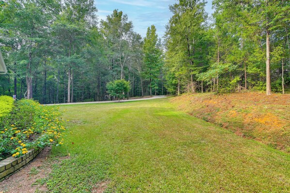 A well-maintained grassy area with a variety of trees and shrubs, bordered by a stone wall.