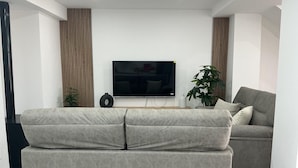 Una sala de estar moderna con un televisor de pantalla plana montado en la pared, un sofá gris y un sillón gris más pequeño.