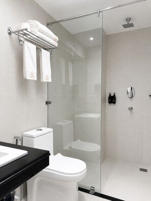 Et moderne badeværelse med en brusekabine i glas, et hvidt toilet og en sort bordplade.
