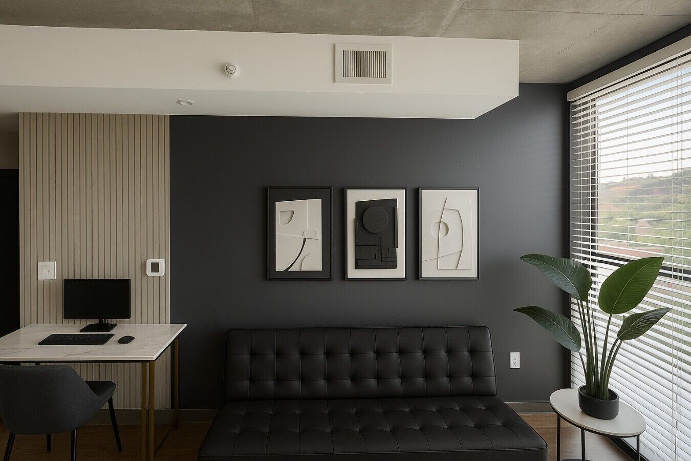 Habitació moderna amb una paret gris fosc, un sofà de cuir negre, una taula de treball amb un ordinador i quadres d'art abstracte.
