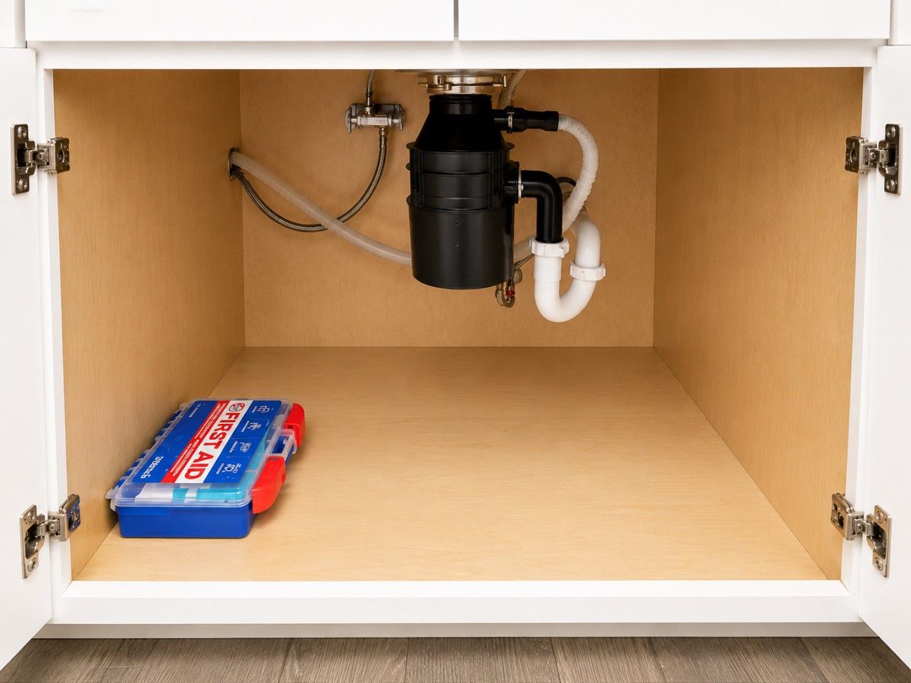 A kitchen cabinet with a built-in water filtration system and a blue First Aid kit.