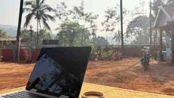 Una computadora portátil sobre una mesa, con un tazón de galletas y una taza, frente a un fondo de palmeras y un sendero de tierra.