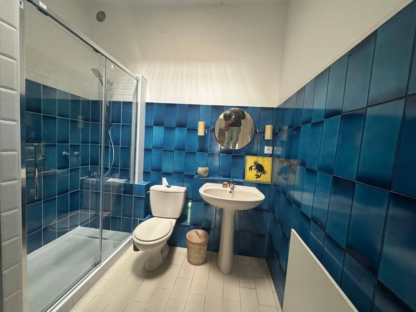 Een badkamer met een douchecabine van glas, een toilet, een wastafel en een spiegel.