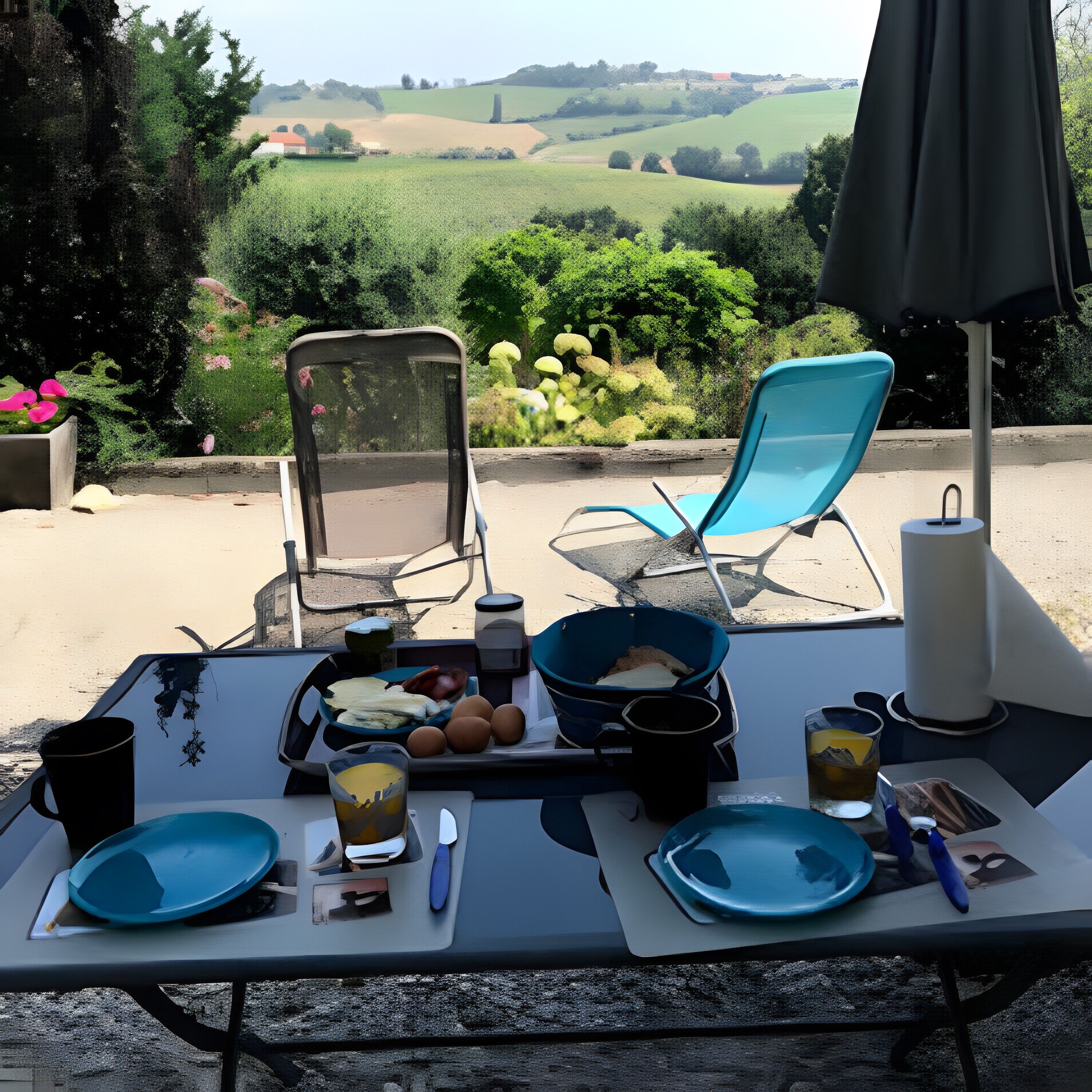 A table set outdoors with a view of rolling hills, two chairs, and a table with plates, bowls, and cups.