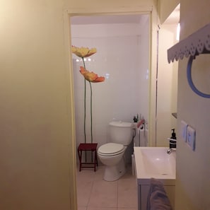 A bathroom with a toilet, sink, and a tall decorative plant. - Holiday Home “Maison Cazac Mona” with Mountain View and Wi-Fi (Cazac)
