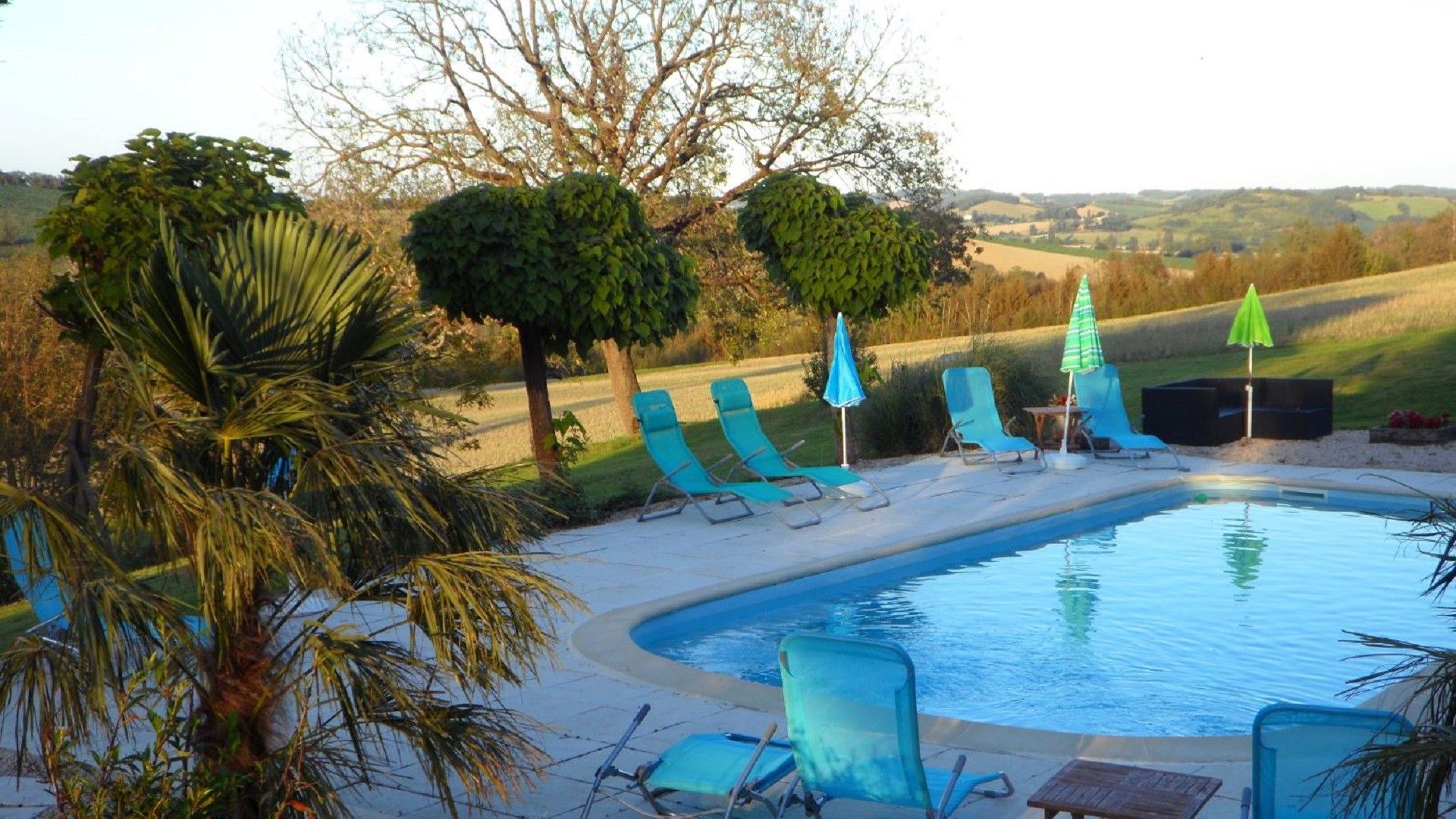 A swimming pool with lounge chairs and umbrellas, surrounded by trees and a view of the countryside.