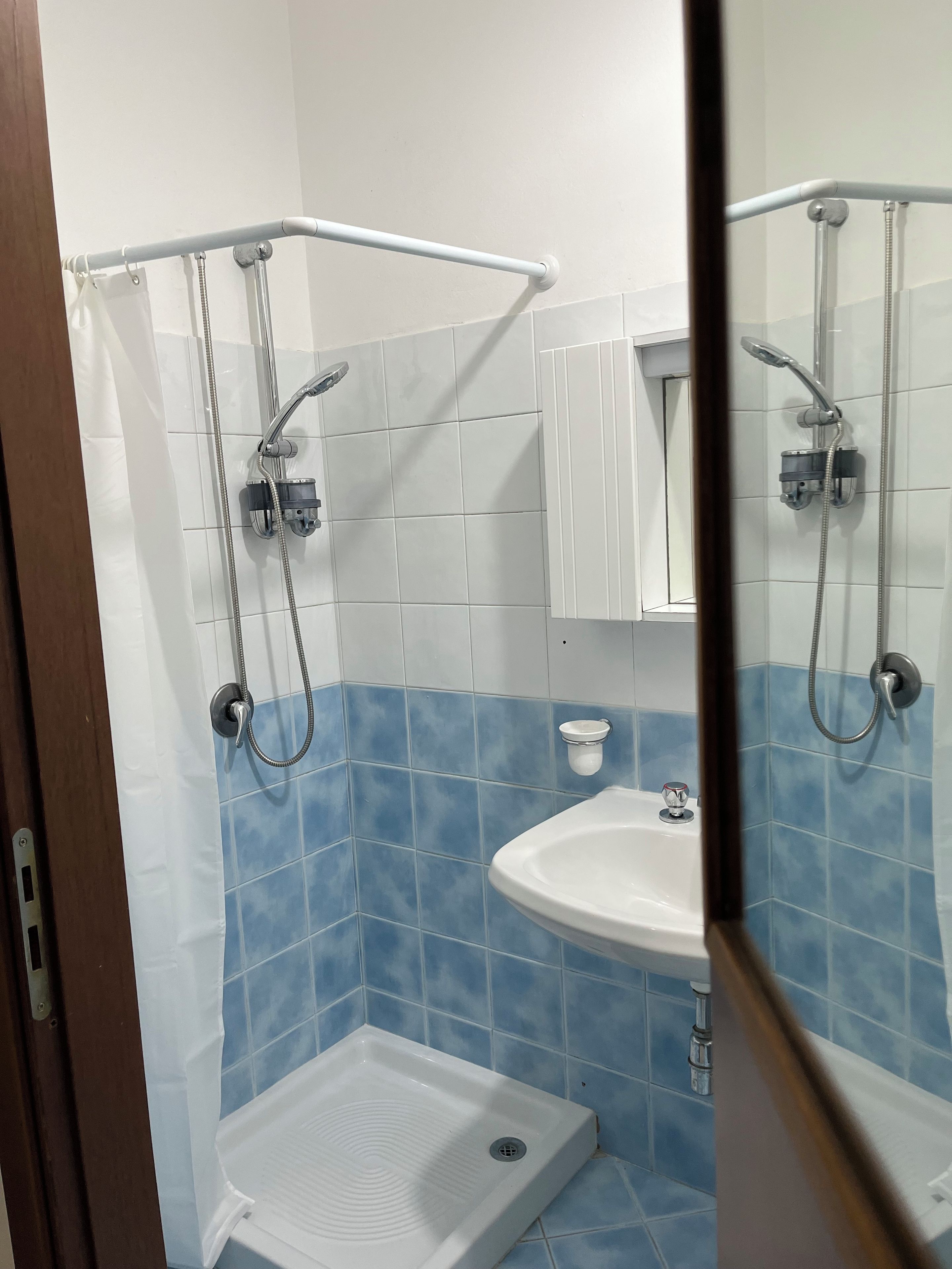 Une salle de bain avec une douche, un lavabo et un miroir.