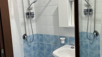Une salle de bain avec une douche, un lavabo et un miroir.