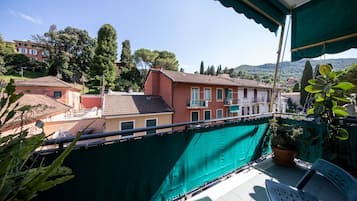 Un balcon agrémenté d’un treillis végétal, d’une plante en pot et d’une chaise.
