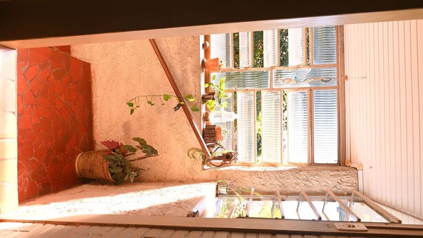 Una habitación con techo inclinado, una ventana con persianas, una planta en maceta y una escalera de madera.