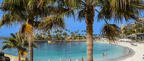 Une plage bordée de palmiers, avec une eau d’un bleu limpide, où l’on peut se baigner et prendre des bains de soleil.