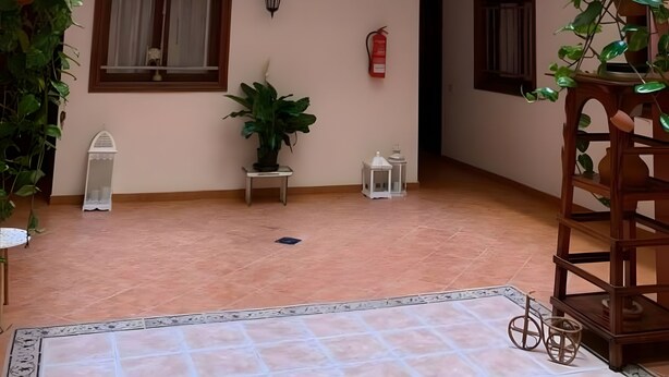 Une cour spacieuse avec un sol carrelé, des plantes en pot, une lanterne blanche et un extincteur fixé au mur.