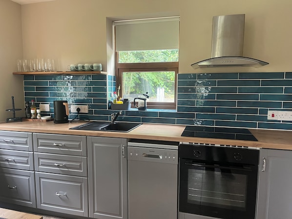 A modern kitchen with a dishwasher, oven, and a window with a view of greenery.