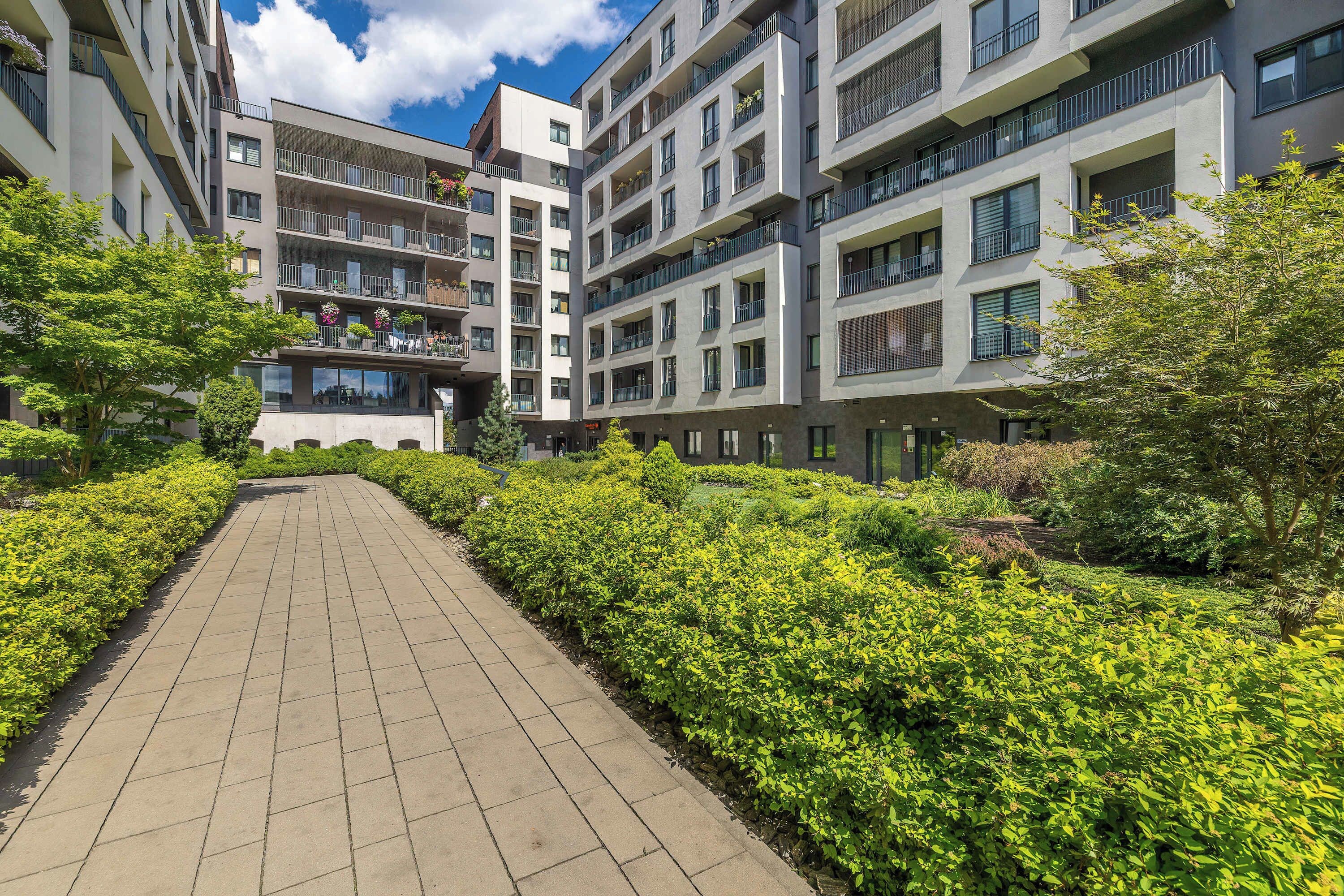A pathway flanked by lush green hedges and modern multi-story residential buildings with balconies.