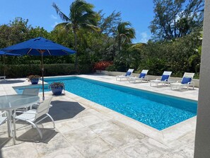 Ein Pool mit Liegestühlen und einem Tisch, umgeben von viel Grün und Palmen.