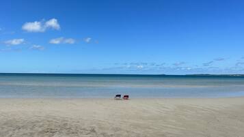 A beach with two chairs facing the ocean, clear skies, and calm water.