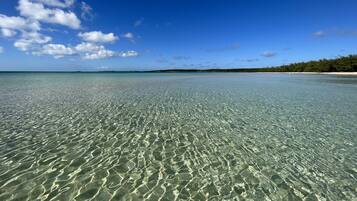 A clear view of a beach with shallow water and a distant shoreline.