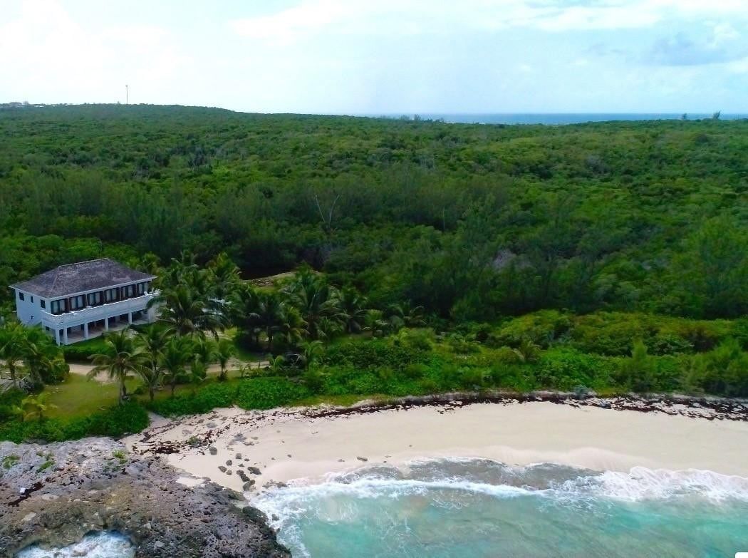 Um imóvel costeiro com praia, vegetação densa e uma casa com telhado inclinado.