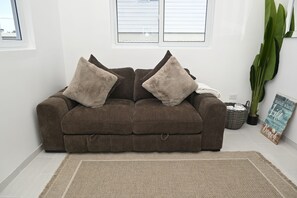 Ein braunes Sofa mit zwei flauschigen Kissen, einem gewebten Teppich, einem Blumentopf und einem motivierenden Poster an der Wand.