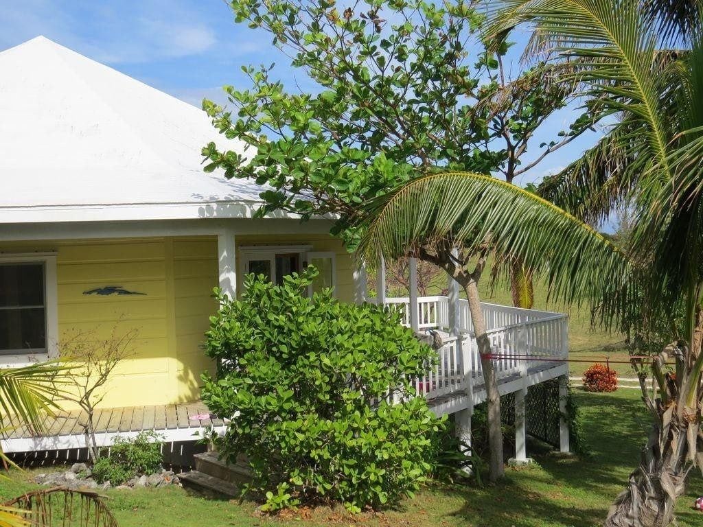 Une maison jaune avec un porche, entourée de verdure et d’un palmier.