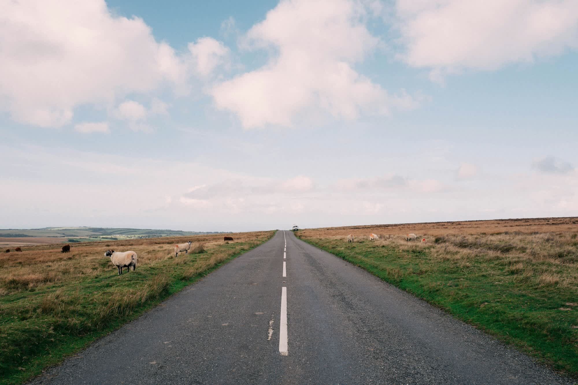 Eine ländliche Straße, blauer Himmel mit vereinzelten Wolken.