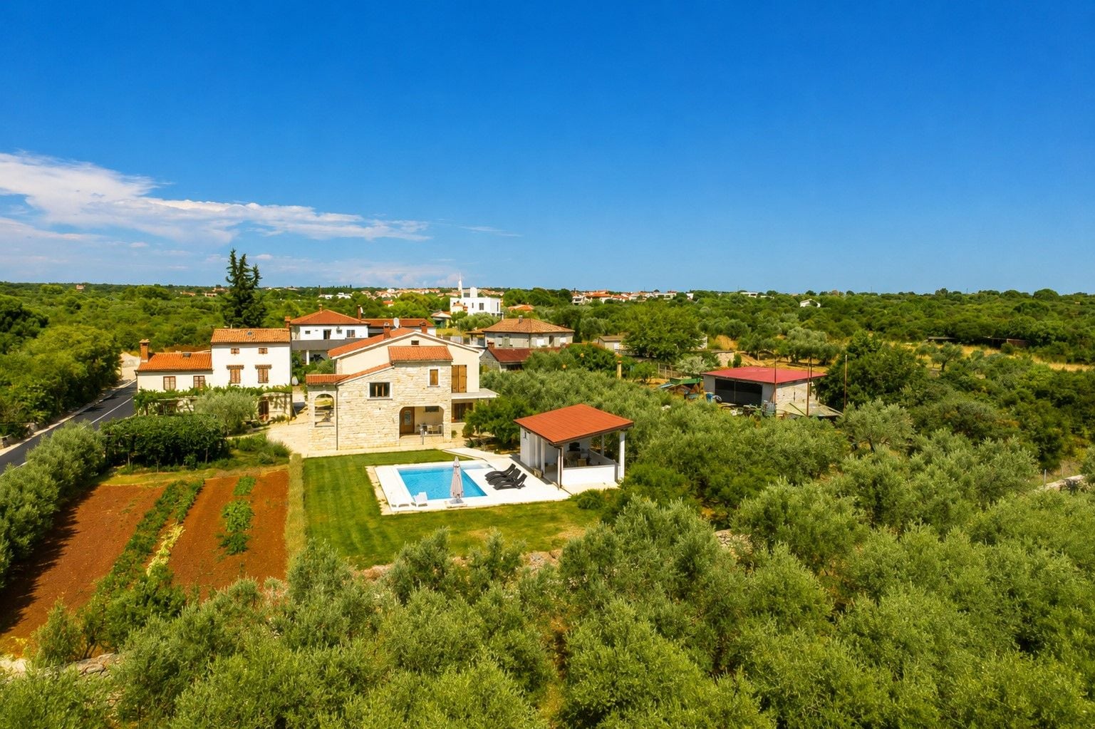 Une villa avec piscine, entourée d’oliviers et surplombant un ciel d’un bleu limpide.