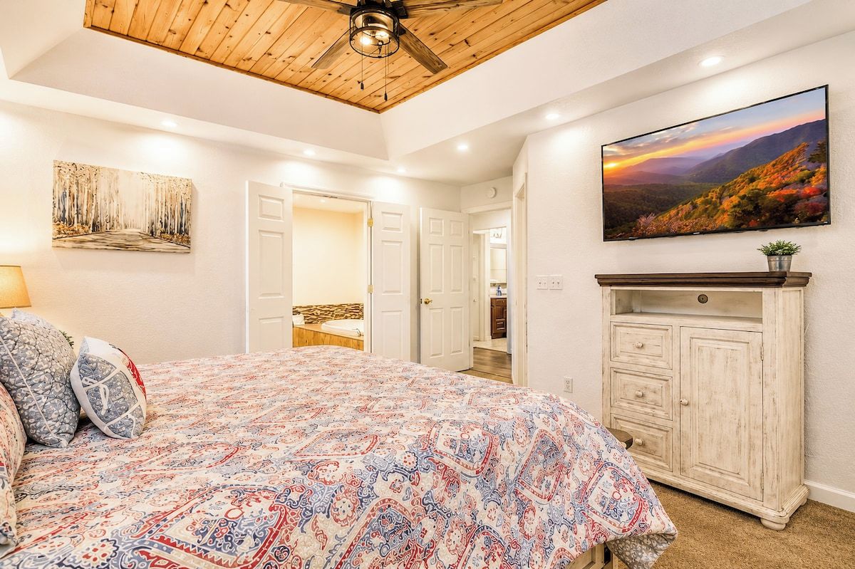 A bedroom with a bed, a ceiling fan, a painting, a dresser, and a television.