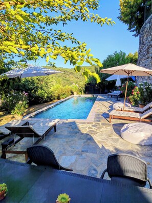 A swimming pool with lounge chairs and umbrellas, surrounded by greenery and stone flooring. - TWO Dog-Friendly Gites in the Cévennes with 2 Private Pools and enclosed gardens (Gagnières)