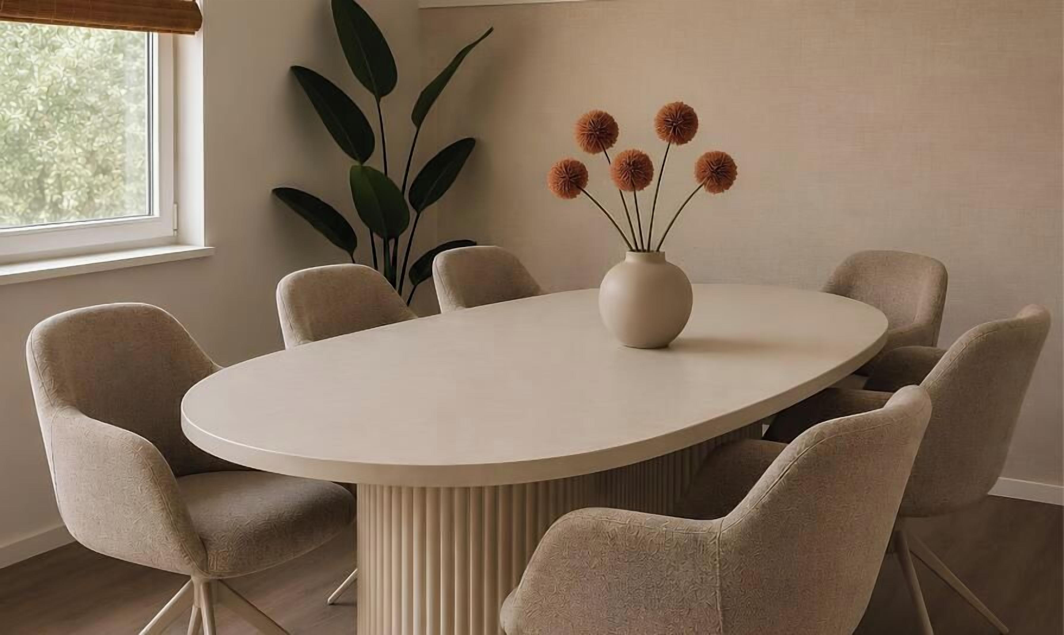 Een ronde eettafel met zes stoelen, een vaas met bloemen en een grote plant in een kamer met een raam.