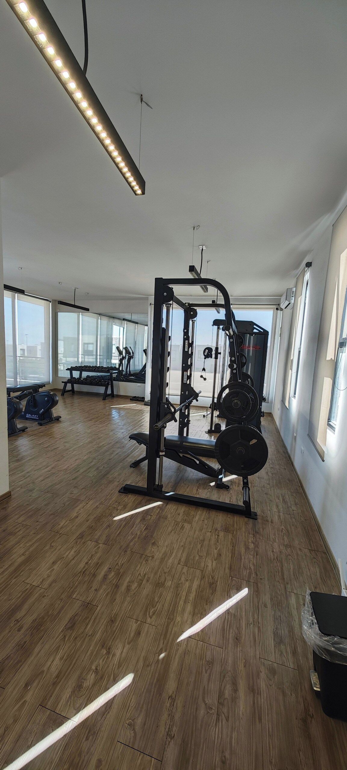 A gym with a weightlifting station, exercise equipment, and large windows.