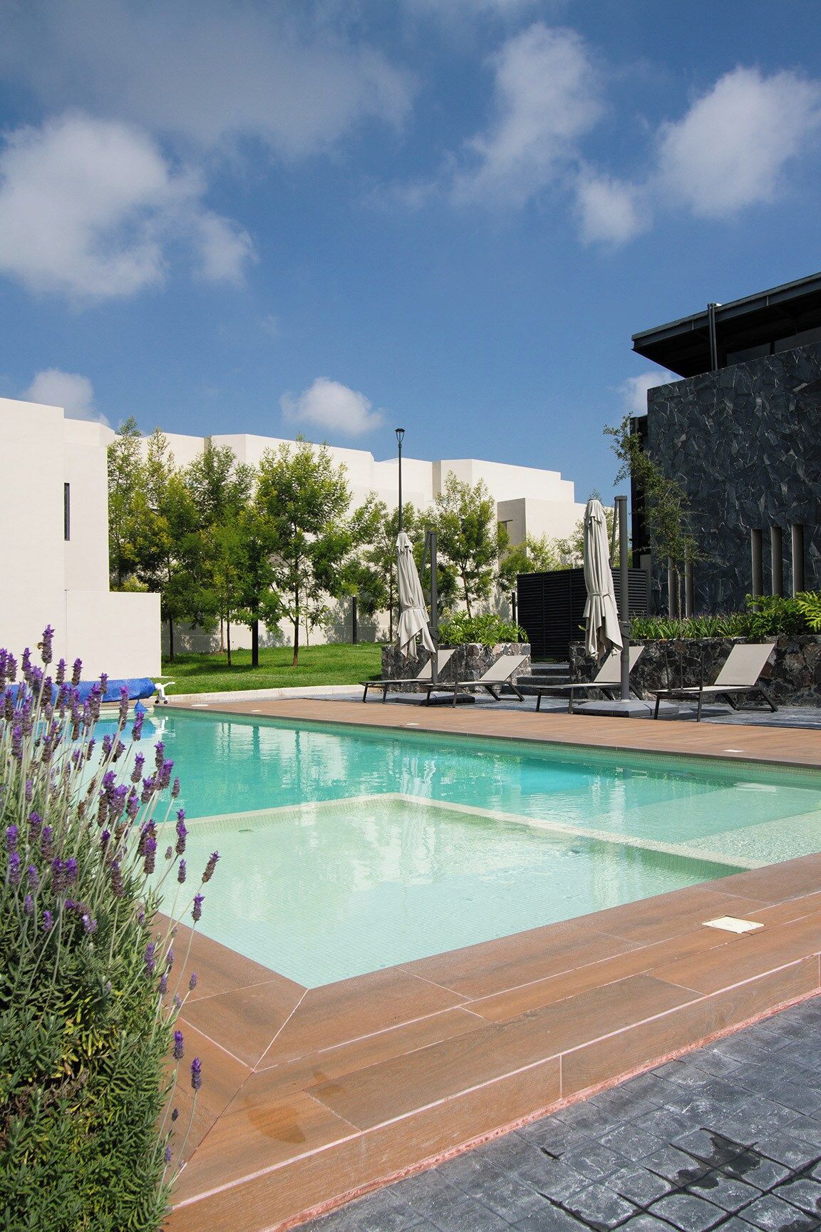 A swimming pool with lounge chairs and umbrellas, surrounded by greenery and modern buildings.