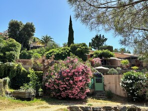 A residential area with a variety of trees, a green gate, and a parked vehicle. - Villa for 4–5 people on the Valcros hillside, with a magnificent view and a private pool (La Londe-les-Maures)