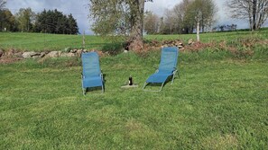 Two blue lawn chairs with a bottle and glass on a grassy field. - Le Refuge de Mazard: Comfortable nature cabin, large property, sleeps 6 (Saint-Jeures)