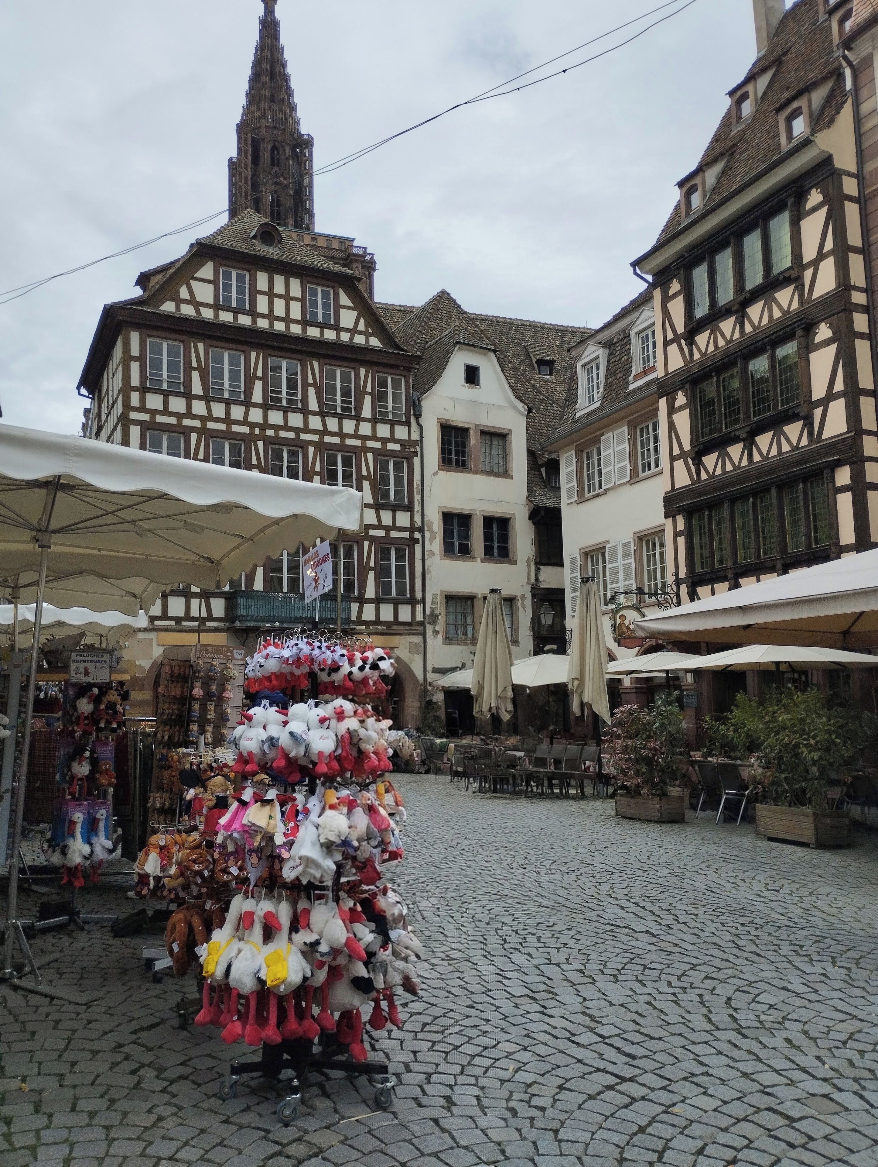 Een geplaveid plein met traditionele vakwerkhuizen, een marktstand met zachte knuffels en terrassen.